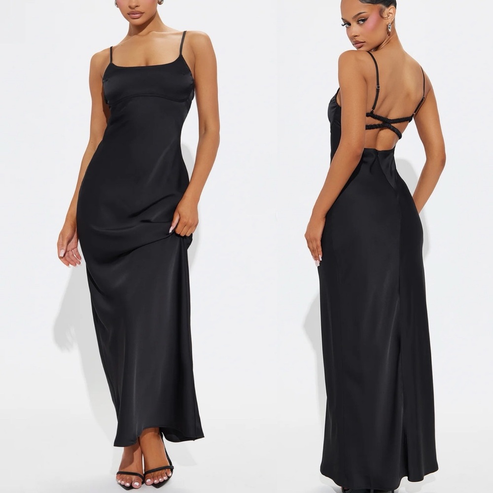 NEW Fashion Nova Black Satin Maxi Dress Small